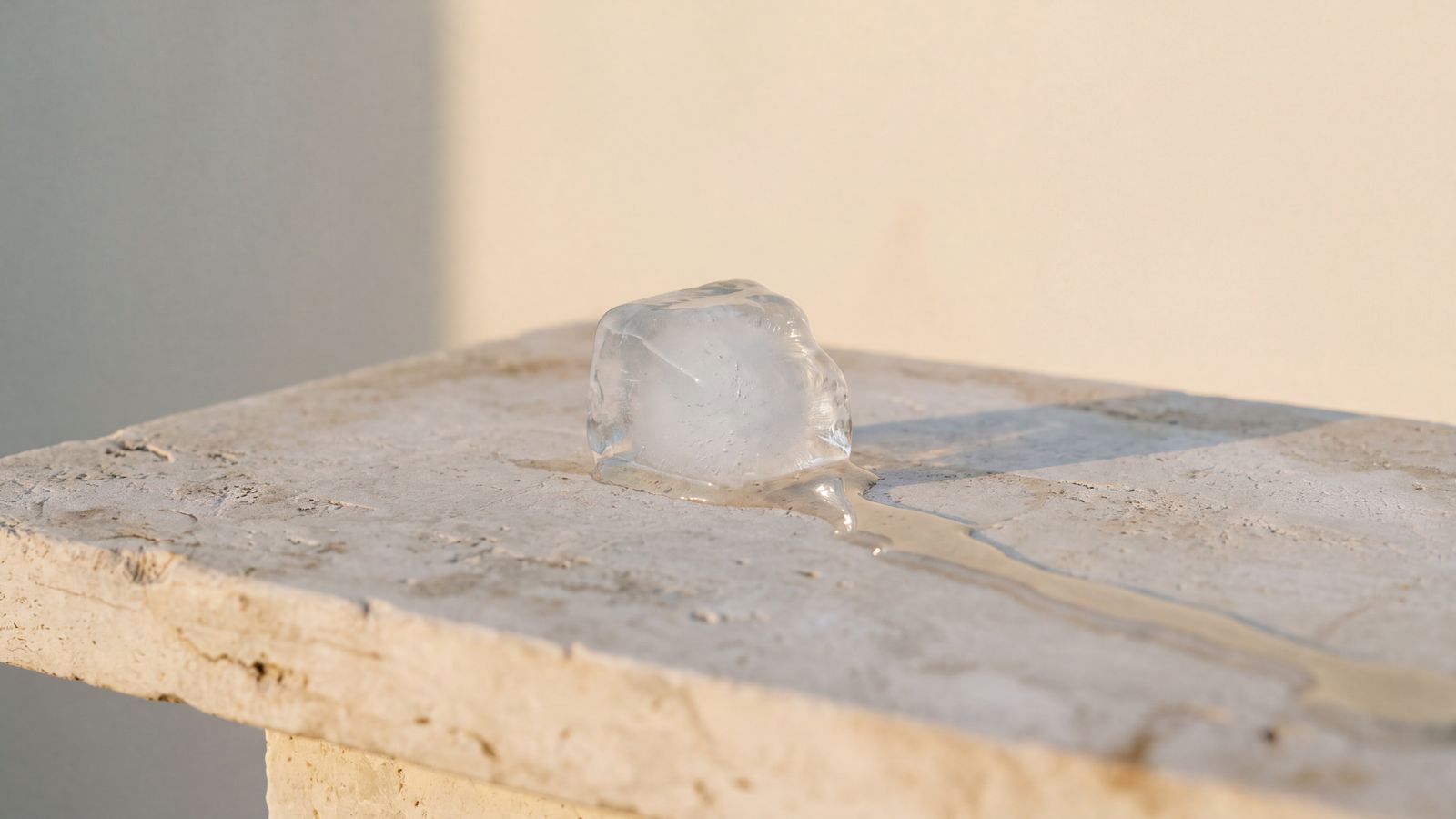 An ice cube slowly melting on a stone surface