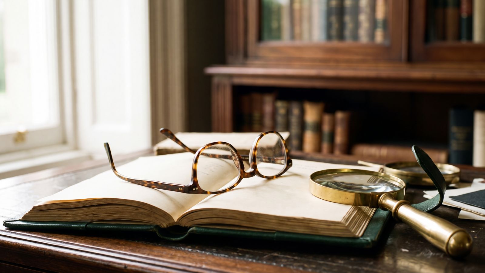 Reading glasses and a magnifying glass on an open book