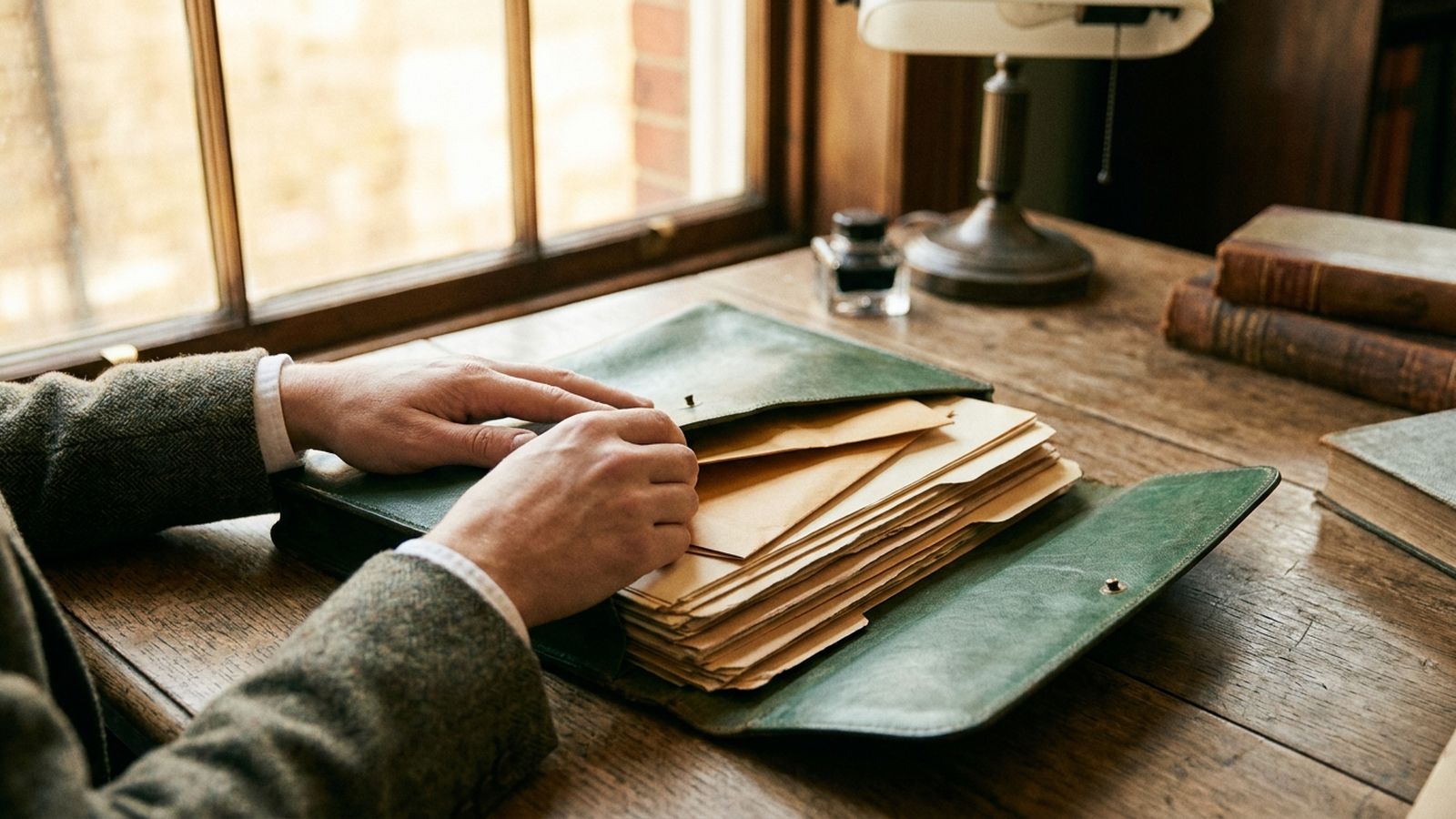 Old folders being gathered into a leather document case