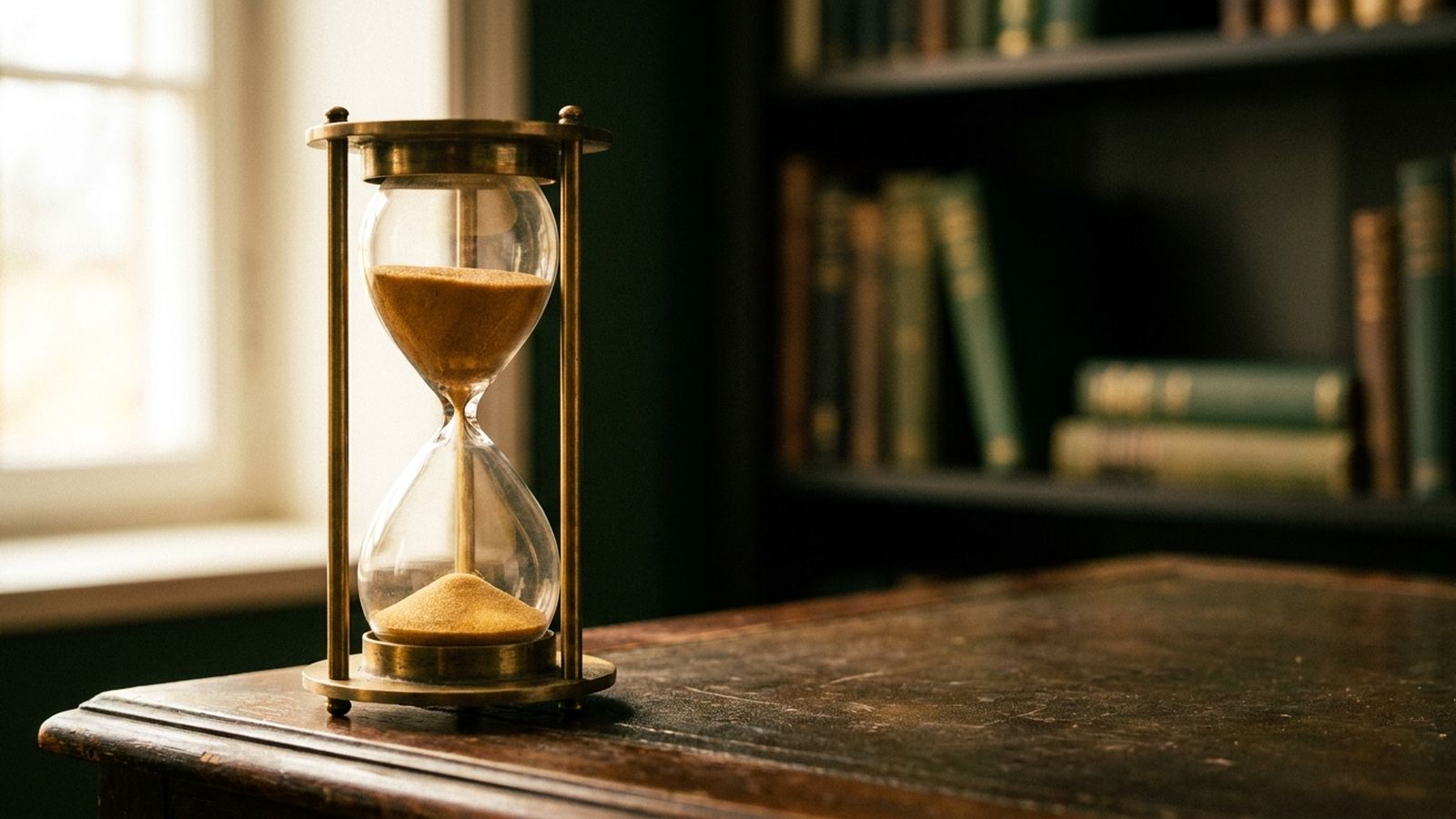 A brass hourglass on a wooden desk