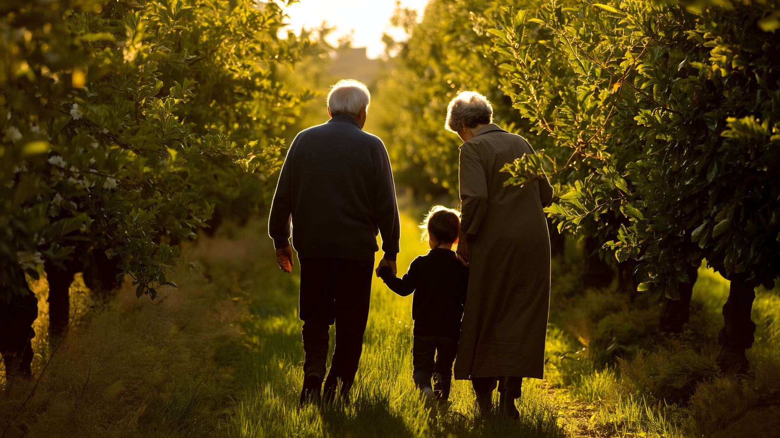 Three generations of a family walking through an orchard