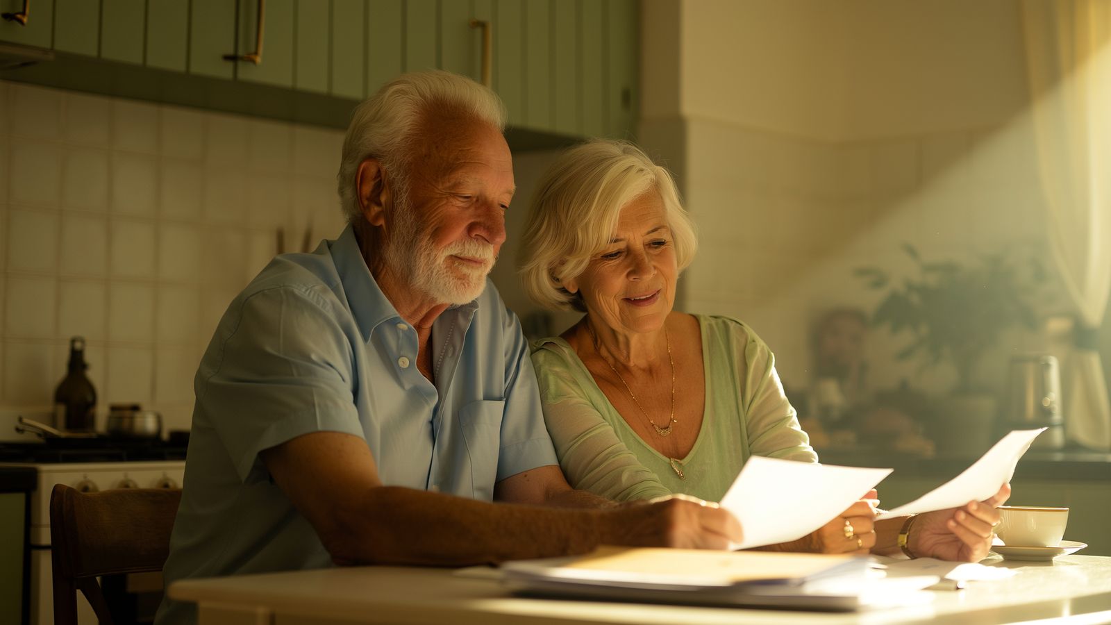 An older couple reviewing papers together at a kitchen table