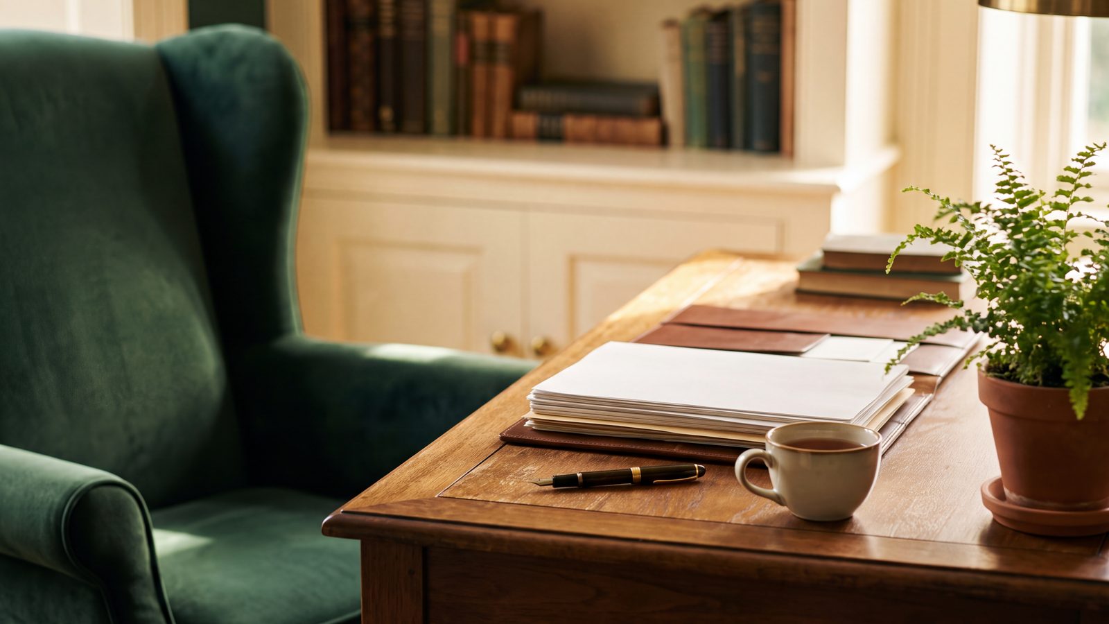 Classic wingback chair at a desk