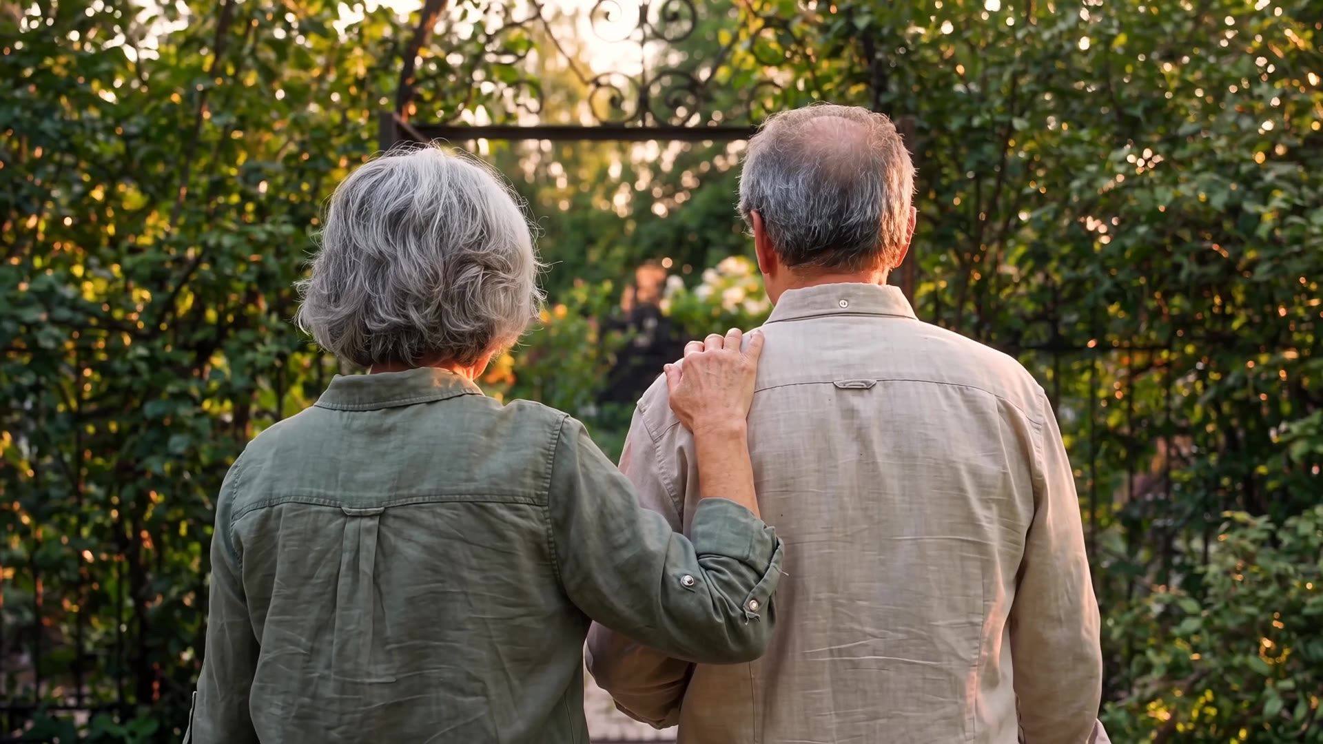 An older couple standing close together in a garden, her hand resting on his shoulder